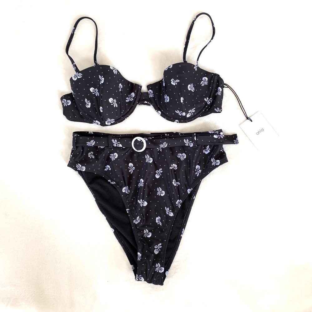 Onia Black Polka Dot Floral Bikini Set